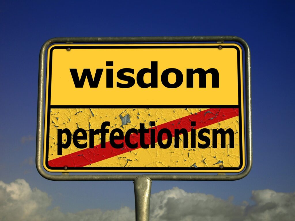 Yellow roadsign with a red line through perfectionism and the top showing wisdom